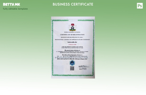 Шаблон за сертификат за регистрација на Нигерија во модерен стил